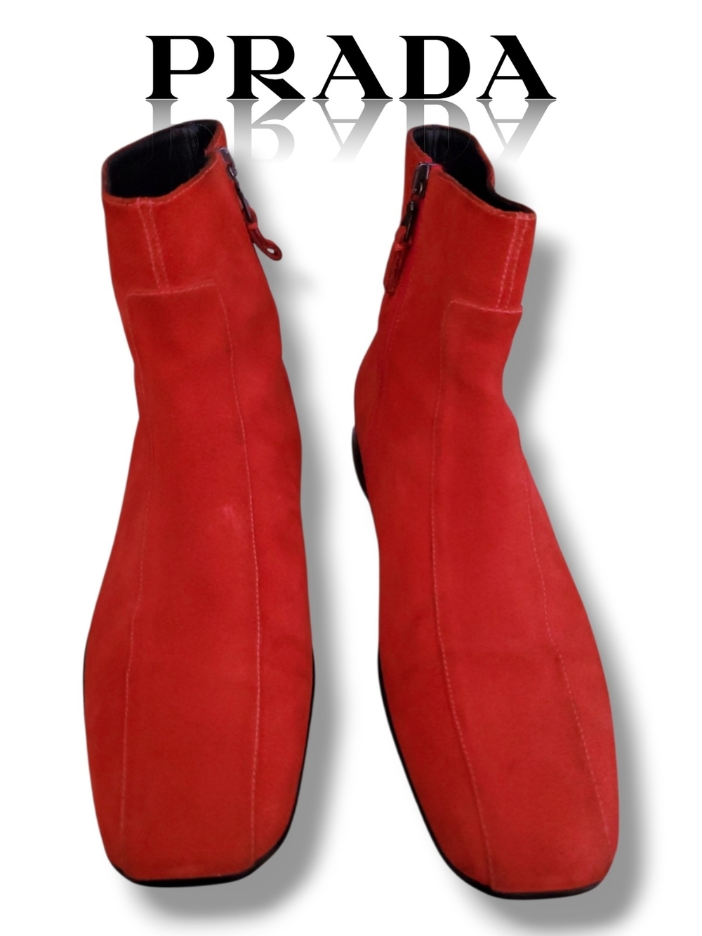 Prada Red Suede Ankle Boots Square Toe Side Zip Black Sole Linea Rossa Size 41